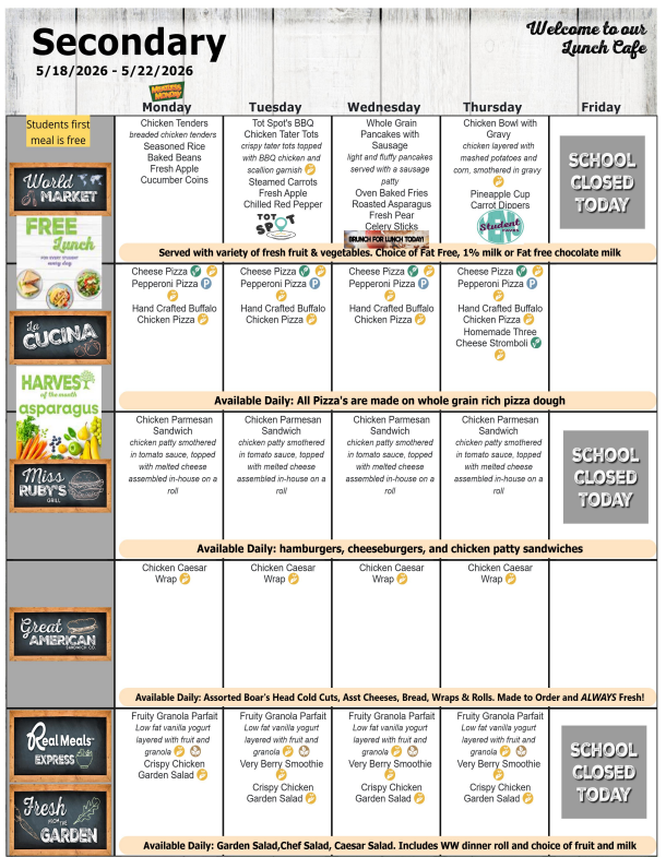 May 2026 Secondary School Lunch Menu