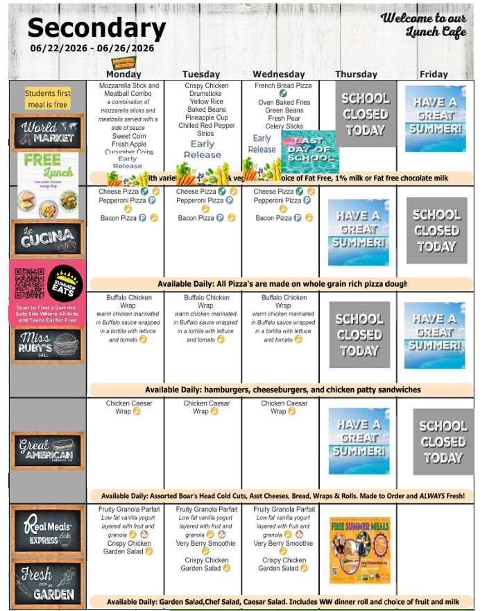 June 2026 Secondary School Lunch Menu