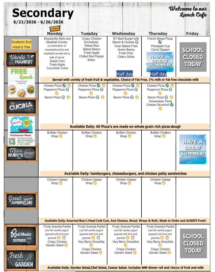 Secondary 2026 June Lunch Menus