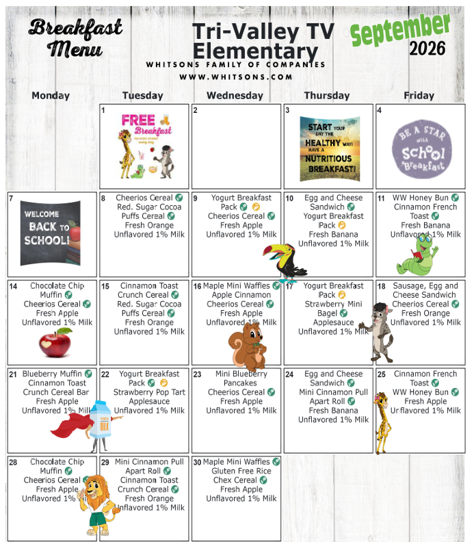 September 2026 Elementary Breakfast Menu