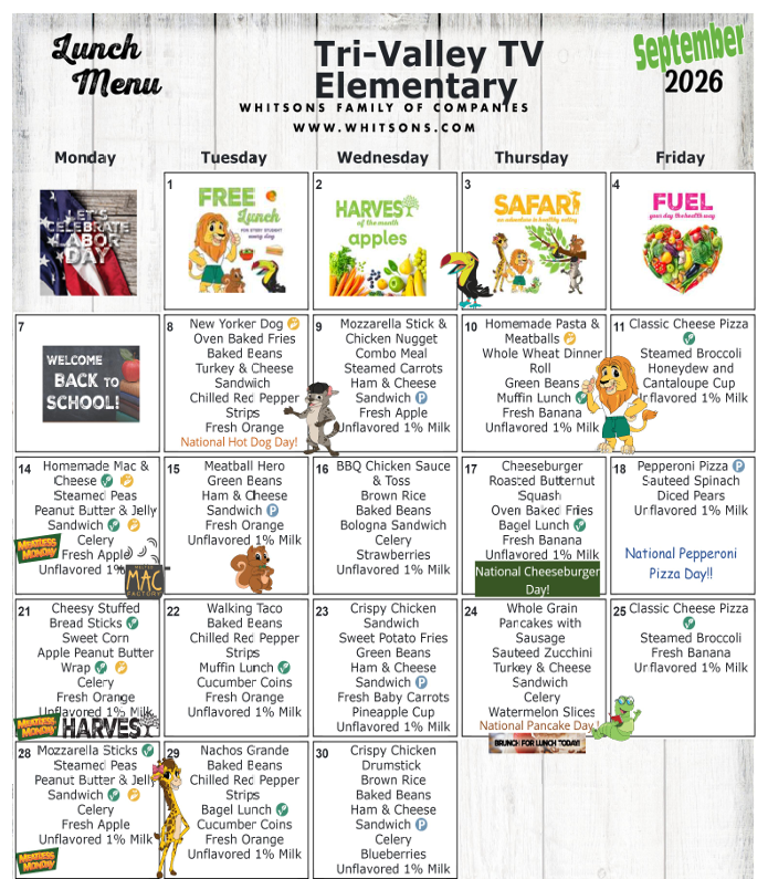September 2026 Elementary Lunch Menu