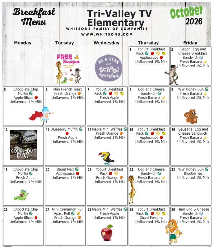 Elementary Breakfast Menu- Oct 2026