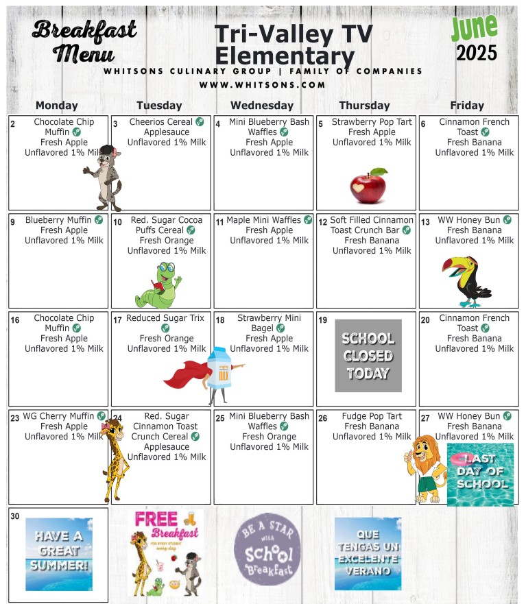 June 2025 Elementary Breakfast Menu