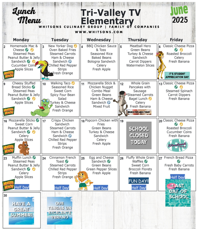 Elementary June 2025 Lunch Menu