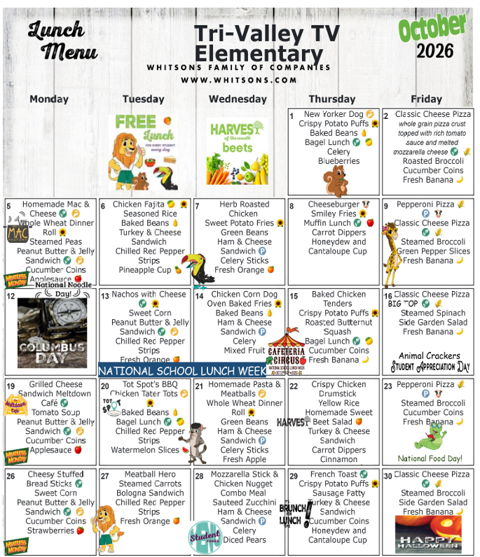 Elementary Lunch Menu- Oct 2026