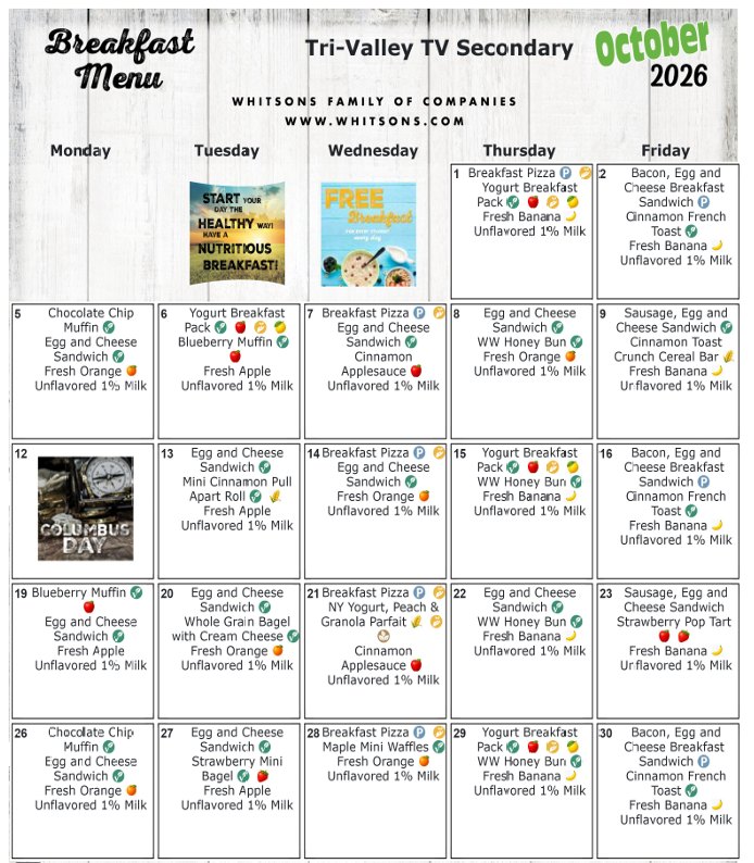 Secondary Breakfast Menu- Oct 2026