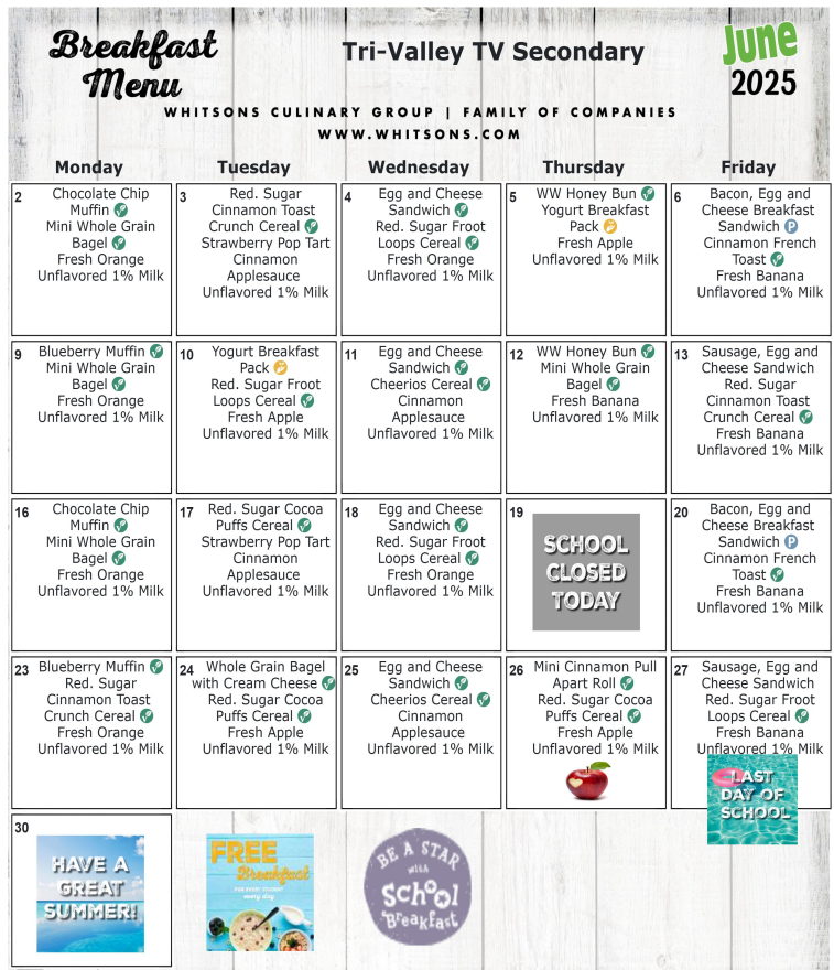 June 2025 Secondary Breakfast Menu