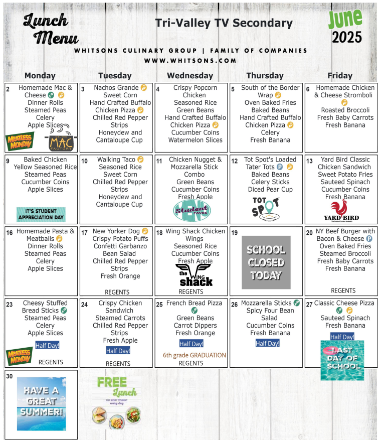 June 2025 Secondary Lunch Menu